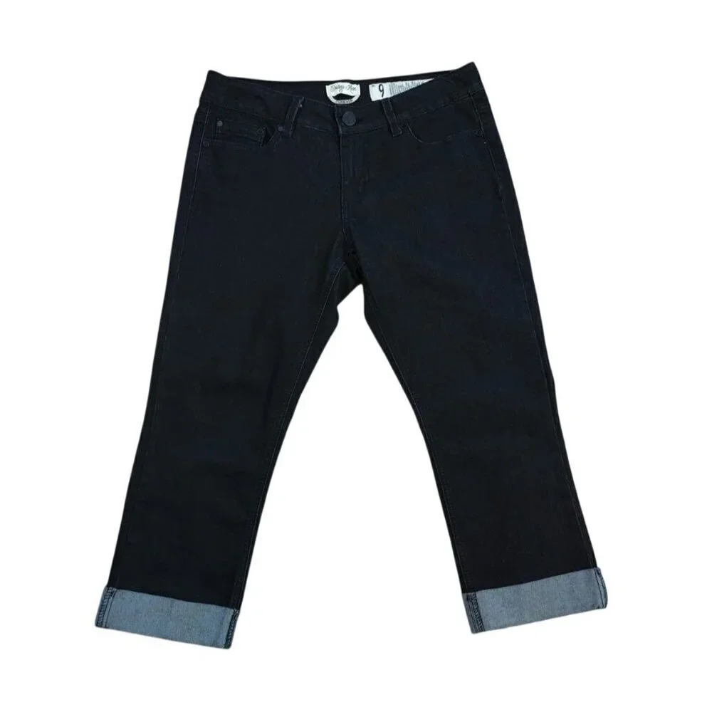 Indigo Rein Womens Black Slim Fit Cropped Jeans Size 9 Cuffed Hem Denim.